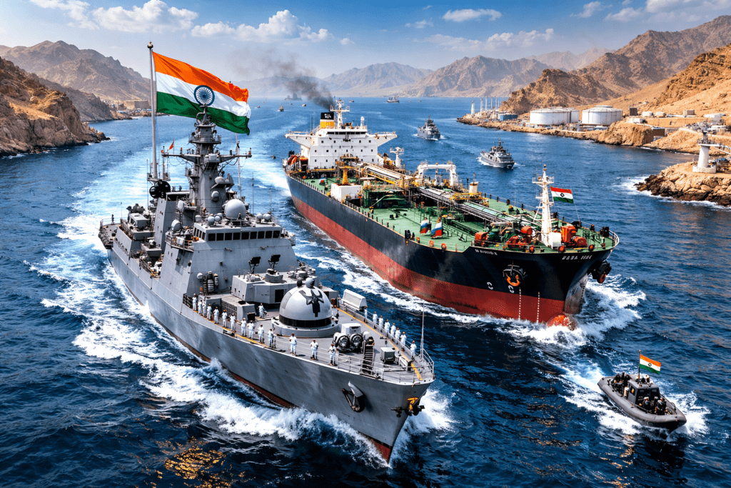 Indian Navy warship escorting merchant vessels in Strait of Hormuz