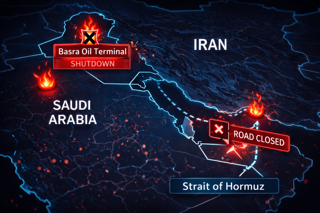 Iraq Strategic Oil Port Shutdown Map - Basra Oil Terminal and Strait of Hormuz